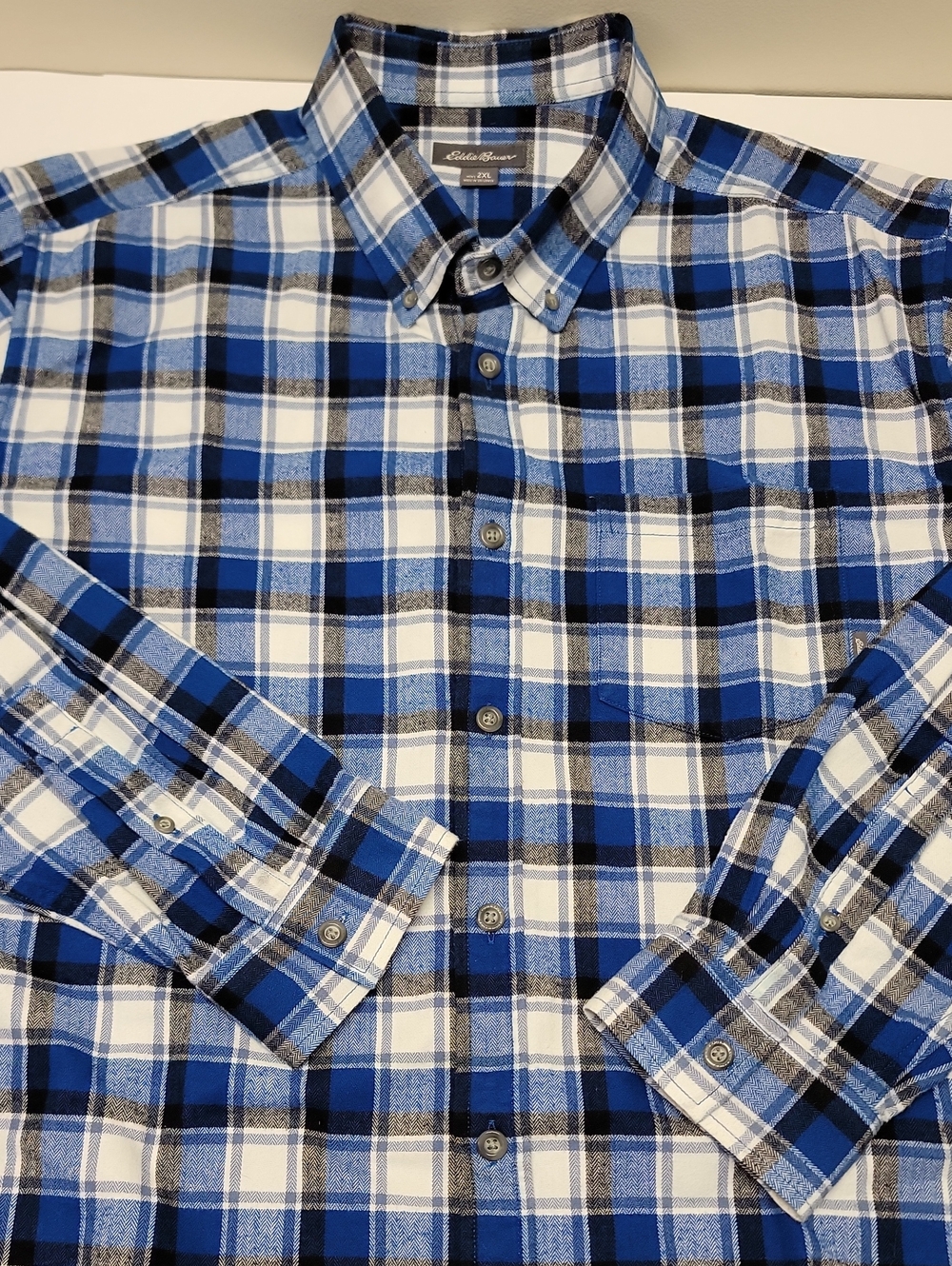 Eddie Bauer Men's Blue Black White Long Sleeve Flannel Shirt 100% Cotton 2XL
